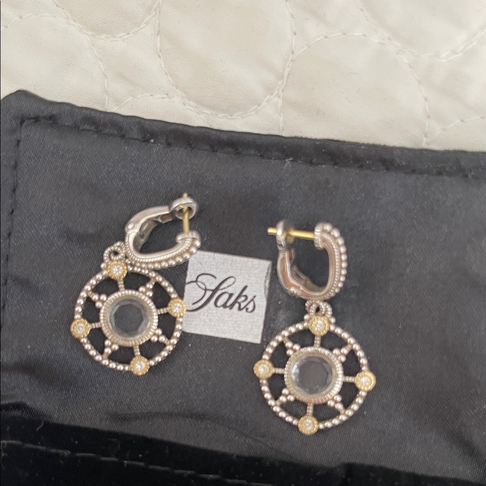 Judith Ripka 18k yellow gold & silver with tiny diamonds drop pendant earrings.